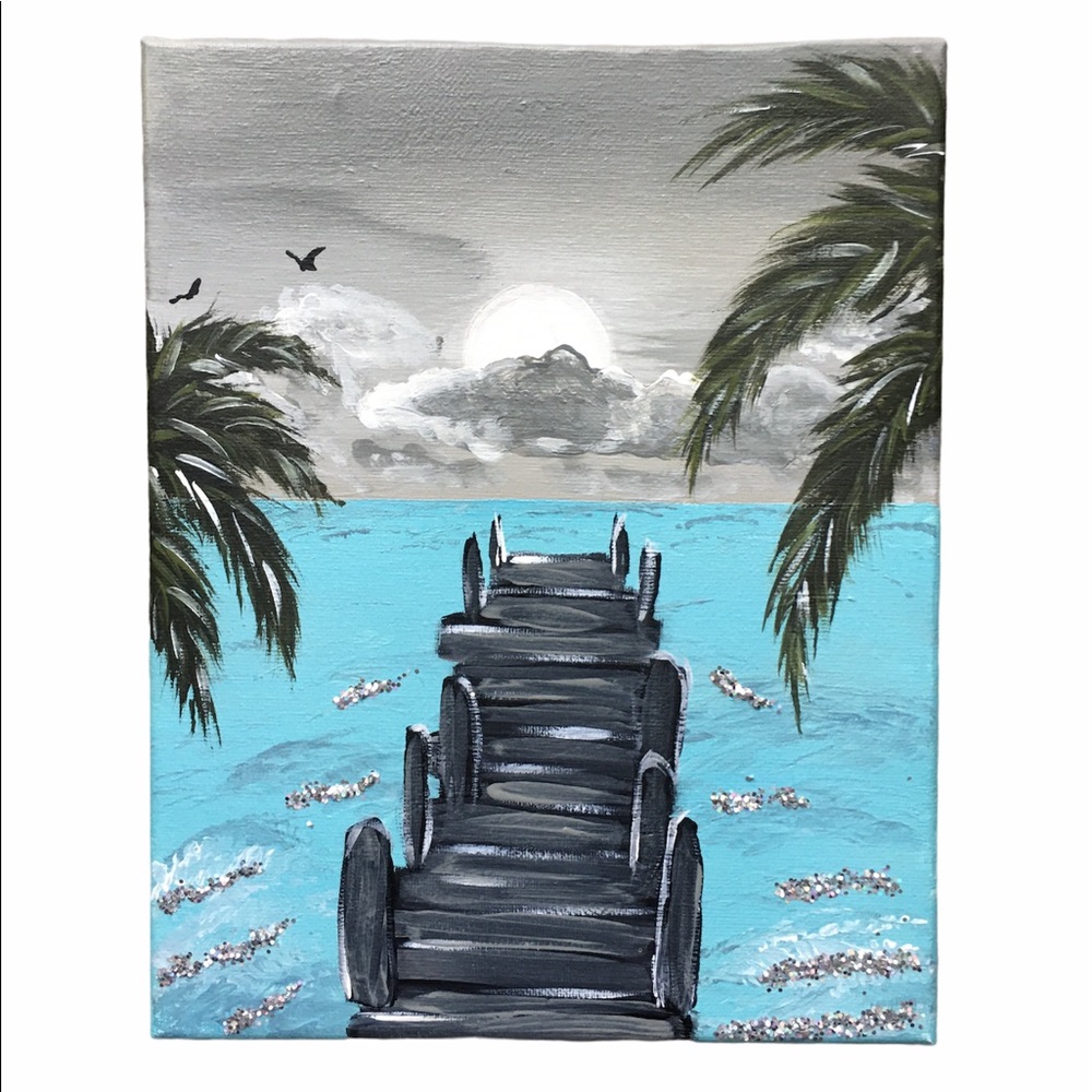 Boardwalk Ocean gray clouds palms hand painting